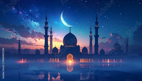 Mosque Silhouette with Crescent Moon Night Sky.