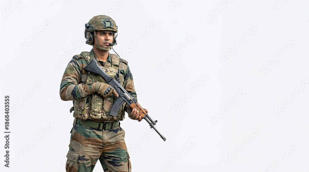 Fototapeta premium Soldier in camouflage gear holding rifle with serious expression