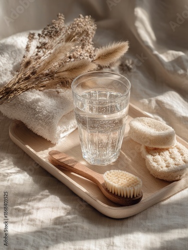 Spa day essentials water, towel, and scrub brush on a tray