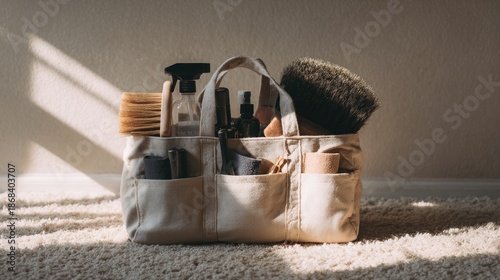 Cleaning supplies in a beige caddy sit on a textured carpet