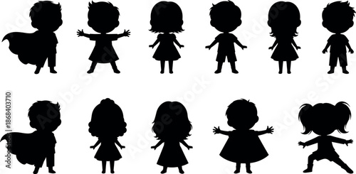 Set of silhouette kids characters including boys and girls in capes, superhero costumes, and casual dresses for children graphic design
