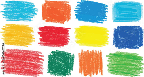 Set of colorful crayon brush strokes. Hand-drawn chalk underline and highlight elements for emphasis. Rough kid's scribble texture for design accent.