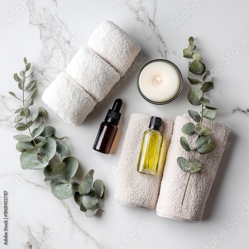Spa setup with oils, towels, candle, and eucalyptus on marble