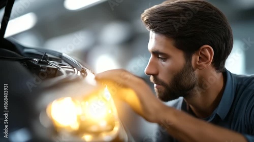 Automotive technician carefully repairing adjusting vehicle headlight faceless professional defocused professional garage background maintenance service scene mechanical precis