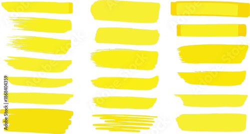 Set of twelve yellow brush stroke highlights isolated on white background with dry rough edges and smooth flat paint lines artistic design elements vector illustration