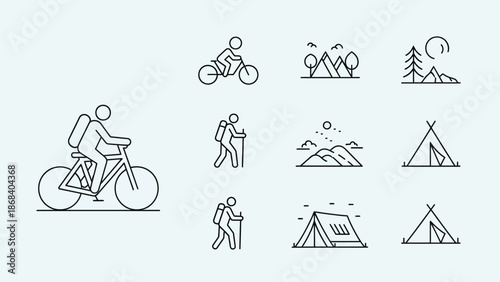 Camping and Cycling Line Art Icons.