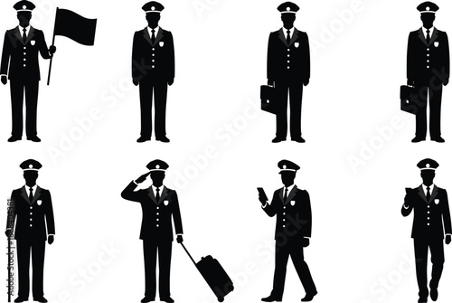 Security officer silhouette collection illustration, uniformed guard poses professional authority service character set design icons
