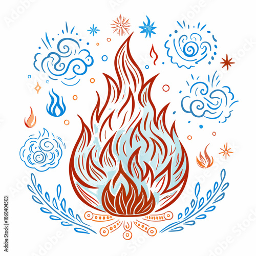 Illuminated flame surrounded by mystical elements