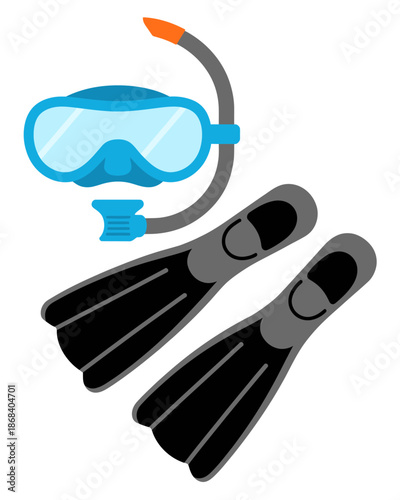 Blue snorkel mask and black flippers for swimming and diving