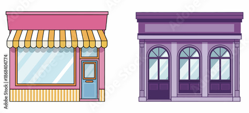 Cartoon storefronts pink with awning the other purple with arched windows shop building