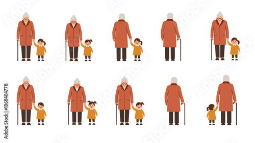 Top view elderly person with cane and child walking for multigenerational site plan designs