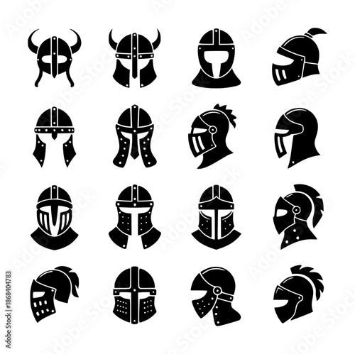 Collection of black medieval knight and viking helmet white background warrior