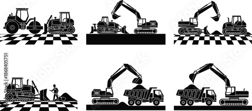 Construction machinery silhouette illustration, excavator bulldozer loader and dump truck industrial earthmoving workflow