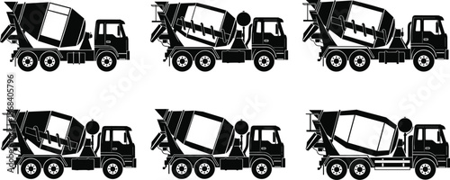 Concrete mixer truck silhouettes set, construction vehicle rotation stages, industrial transportation vector illustration collection