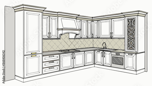 Modern kitchen interior in a luxury house featuring contemporary design with new cabinets, wood furniture, and a sleek counter in an empty apartment room