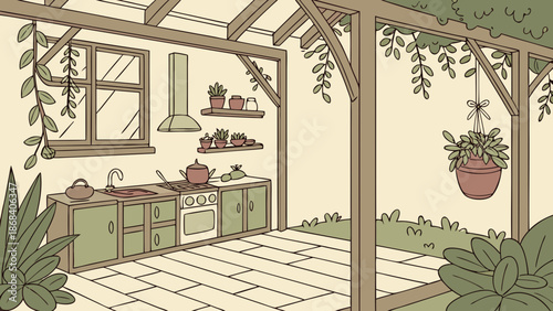 Modern architecture illustration of a cozy room interior featuring a decorative window and door facing a garden house building with a stylish facade design