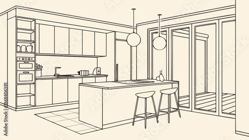 Modern kitchen interior featuring a luxury wooden dining table and chairs in an empty sunlit room with elegant architectural design and comfortable home decor