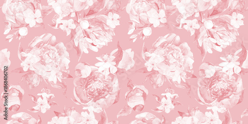 Delicate monochrome pattern with peony flowers in shades of pink. High quality photo