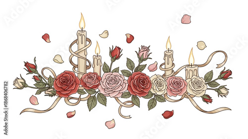 A romantic horizontal arrangement of lit candles, various colored roses, green leaves, and flowing ribbons with scattered petals.
