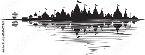 Black and white Varanasi, India, cityscape vector with spiritual landmarks