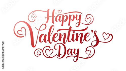 A vibrant red calligraphic text wishing 'Happy Valentine's Day' with decorative hearts, set against a clean white background, conveying love and celebration.