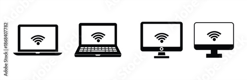 A Wi-Fi signal icon set on a computer screen in a linear style. A desktop PC monitor with a wireless network symbol. Vector illustration.