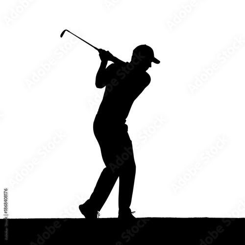 Silhouette of a golfer swinging golf club against white background.