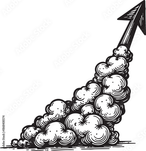 An illustration of a rising arrow symbolizing growth and progress, shooting upwards through stylized smoke, representing upward trajectory and ambition.