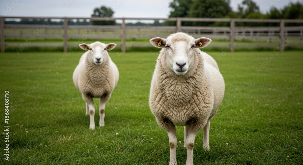 Fototapeta premium Two sheep standing in a green pasture.