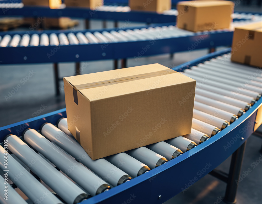 Fototapeta premium Warehouse conveyor system moves packages in a logistics facility during daytime operations