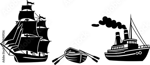 Vintage nautical illustration featuring three different types of boats on a white background
