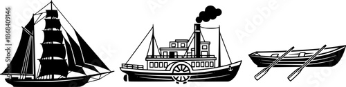 Vintage nautical illustration featuring three different types of boats on a white background
