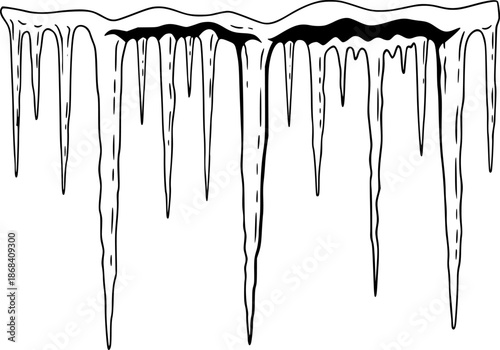 Hand-drawn illustration of icicles in various shapes and sizes against white
