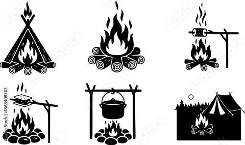 Hand-drawn campfire illustrations in black and white for outdoor and camping themes
