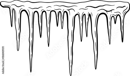 Hand-drawn illustration of icicles in various shapes and sizes against white
