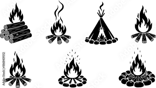 Hand-drawn campfire illustrations in black and white for outdoor and camping themes
