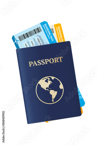 Blue passport with airline boarding pass tickets for international travel vacation, tourism concept and business trip journey, vector illustration isolated on transparent background