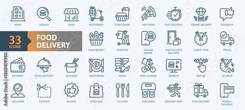 Food delivery - thin line web icon set. Contains such Icons as contactless delivery, lunch time, food basket and more. Outline icons collection. Simple vector illustration.