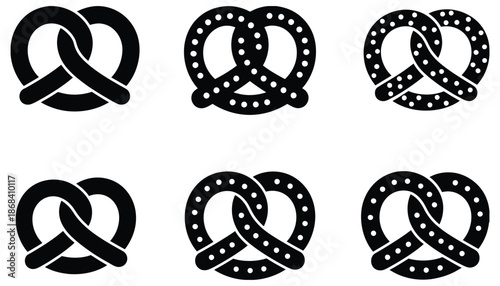 Set of minimalist black pretzel bakery snack silhouette icons, vector illustration for food branding, bakery menus, snack packaging, café signage, culinary identity, and clean modern graphic design 