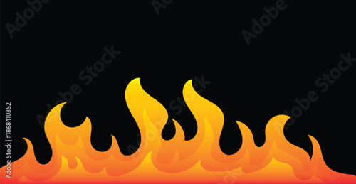 Black flame border forming a horizontal fiery frame with bright orange fire on top and bottom. Bold abstract illustration with central copy space for banners, posters, gaming graphics, marketing 