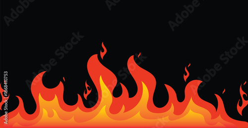 Black flame border forming a horizontal fiery frame with bright orange fire on top and bottom. Bold abstract illustration with central copy space for banners, posters, gaming graphics, marketing 