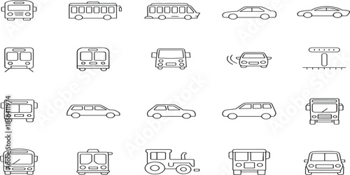 Transportation and public vehicle line icons set for city transit, including bus, car, train, truck, tractor, and urban travel symbols.