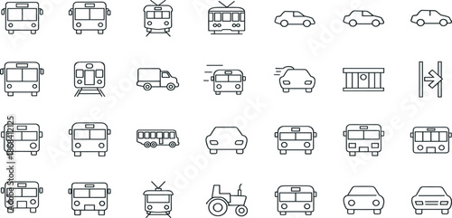 Transportation and public vehicle line icons set for city transit, including bus, car, train, truck, tractor, and urban travel symbols.