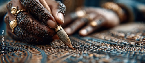 Close-up of ornate hands adorned with henna art and jewelry, crafting detail