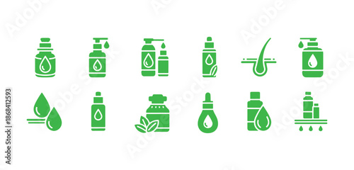 Glyph icons of hair oils displayed on a white space.  Jojoba used in cosmetic formulations.  Herbal essence for skin treatment in dermatology.  Silhouette symbols.  Isolated vector illustration.
