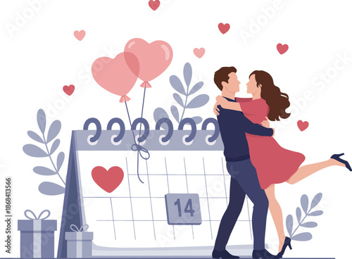 A romantic couple embracing lovingly near a calendar marking february fourteenth surrounded by hearts on transparent background high-quality professional detailed