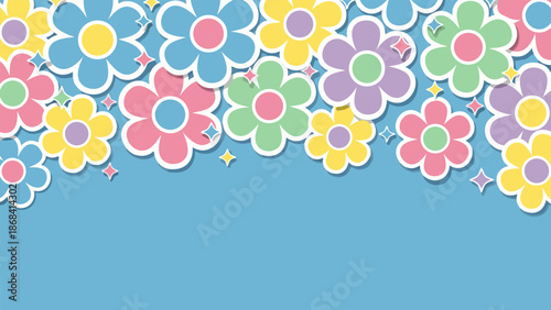 Pastel Floral Pattern Background with Sparkles on a Blue Backdrop, Perfect for Spring and Summer Designs
