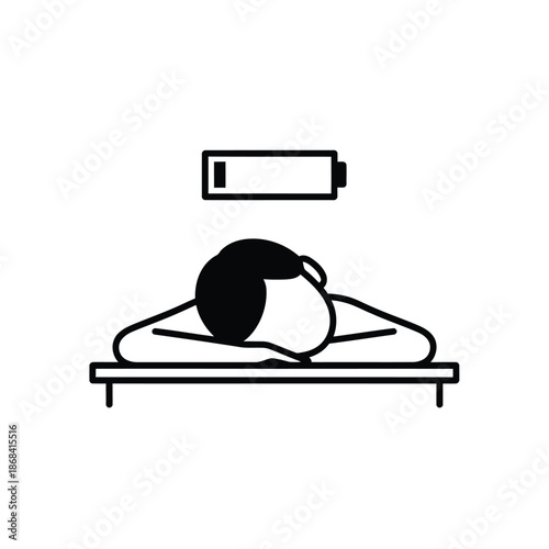 Person sleeping on bed with low battery symbol above
