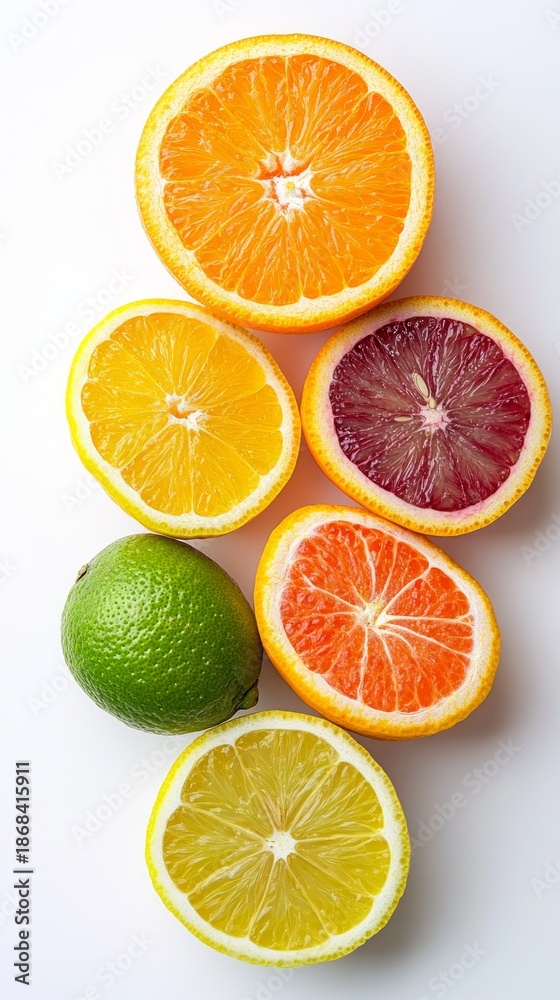 Obraz premium The strikingly juicy citrus slices and green lime on a white background reveal the freshness of nature, ideal for a bright, atmospheric backdrop in culinary blogs.