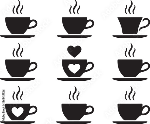 Coffee mug and tea cup vector icon . Black silhouette collection with steam and heart symbols for cafe logo, coffee shop
